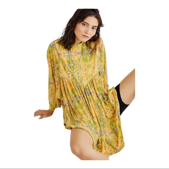 NEW FREE PEOPLE Revolve Yellow Printed This is it Tunic Oversized Small - Picture 2 of 12